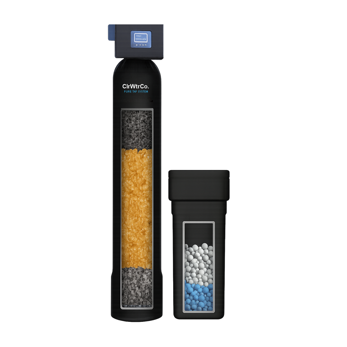 ClrWtrCo Standard whole-home system — cutaway showing the softening resin and coconut-shell carbon layers