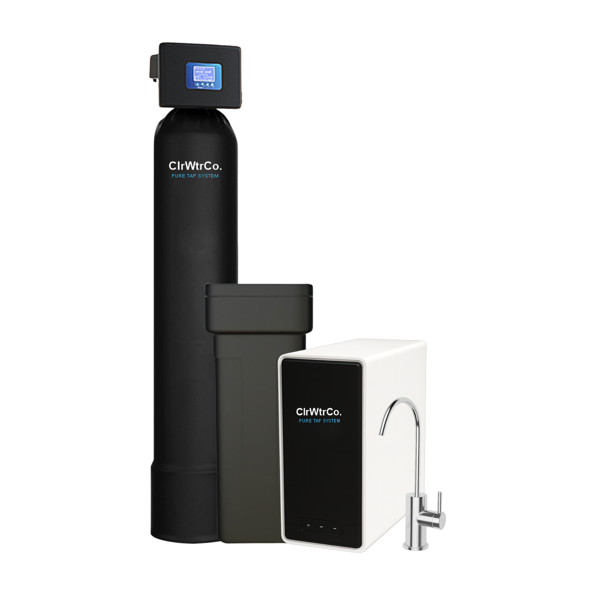 ClrWtrCo XL whole-home softener and filtration system with brine tank and drinking water unit